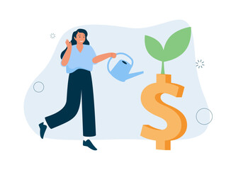 Finance growth illustration. Characters analyzing investments, celebrating financial success and money growth.