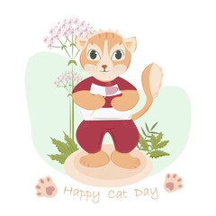 Cartoon cute cat with lollipop on a beautiful green background with flowers and leaves. Illustration  for happy cat day.