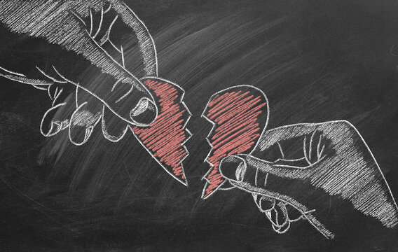 Male and female hands with broken heart. Conflict between women and men. Concept of Love, Life, Reunion, Conciliation, Mercy, Health. Happy Valentine's day. World heart day. Chalk drawing illustration