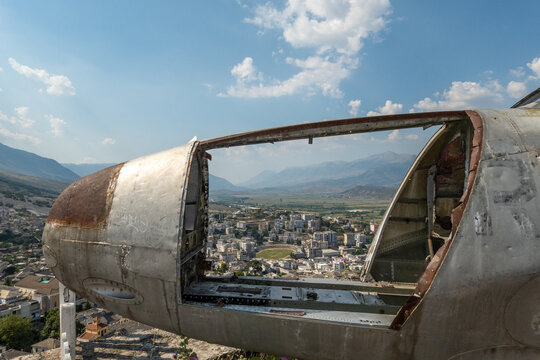 Gjirokaster, Albania  The Gjirokaster Castle, a Unesco site, and American Lockheed T-33 Shooting Star plane captued in Albania during Cold War.