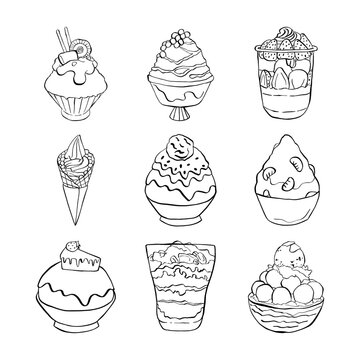 Black line Bingsu Ice Cream on white background. Vector illustration about sweet.