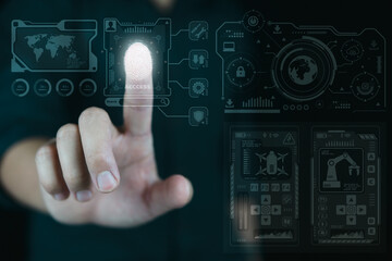 Business technology concept, business analysis and strategy, big data,Business man analyzing financial graph on virtual touch screen and futuristic technology solution for business development.