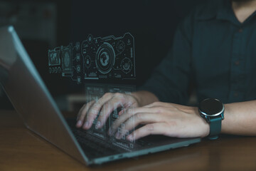 Business technology concept, business analysis and strategy, big data,Business man analyzing financial graph on virtual touch screen and futuristic technology solution for business development.