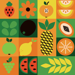 Bauhaus fruits pattern seamless. Abstract geometric food, bright colorful green and orange. Natural organic agriculture background. Decor textile, wrapping paper, wallpaper. Vector print or fabric