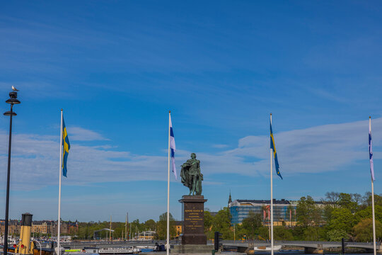 Beautiful View Of Swedish And Finnish Flags At Royalty Place Of Stockholm. Sweden. 