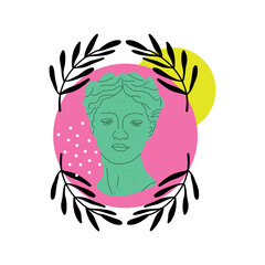 Antique acid statue. Abstract contemporary poster or print. Greek or roman sculpture, woman head, geometric and botanical elements, vector cartoon flat style isolated illustration
