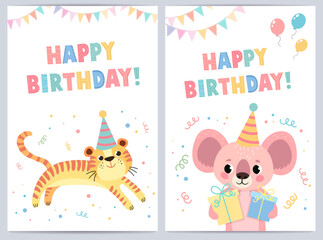 Obraz premium Cute birthday cards for kids with funny animals. vector illustration