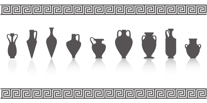 Greek vases silhouettes. Ancient amphoras and pots glyph illustration. Clay ceramic earthenware. Vector.