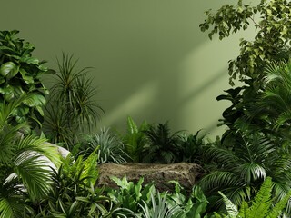 Stone platform pedestal in tropical forest for product presentation and green forest. - obrazy, fototapety, plakaty