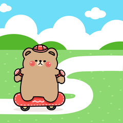 Fototapeta premium cartoon character bear playing sketch board at public park,summer season, flat illustration