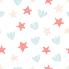 Pastel children's vector pattern on a white background. Print in watercolor or crayon Scandinavian style with flowers and stars for kids, textiles, wrappers, postcards, decor