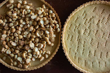 Preparing a macadamia pie with toffee. Kneading and baking of a cake. Pastry and pastry.