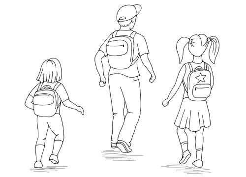 Children walking to the school graphic black white sketch illustration vector