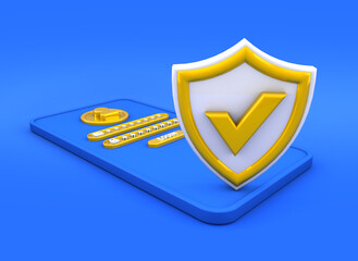 Mobile login and password with big Shield on floor. Smartphone account shield Protection. 3d rendering