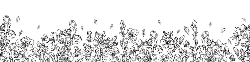 Fototapeta premium Seamless black and white textile floral border. Hand-drawn cherry branches.