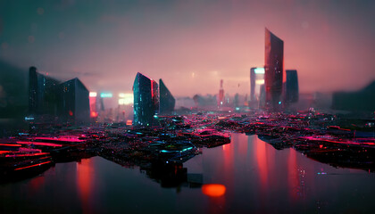 Fototapeta premium Abstract futuristic and sci-fi neon night city. Top view of the urban night landscape. Neon lights, the city is not on the shore. 3D illustration.