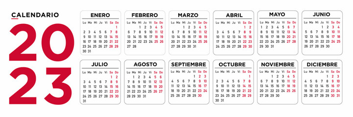 Calendario 2023 español. Semana comienza el lunes	 - obrazy, fototapety, plakaty