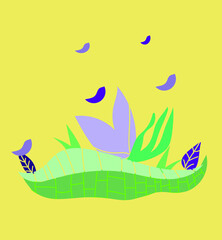 abstract illustration of an background with leaves and birds in tons of yellow, purple and green