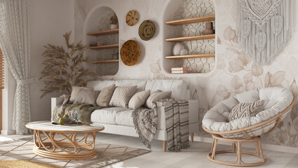 Wooden living room in boho style with wallpaper and parquet. Sofa, jute carpet and rattan armchair and table in white and beige tones. Bohemian interior design © ArchiVIZ