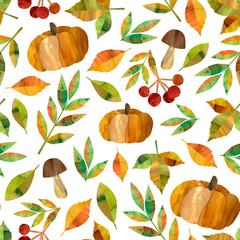 Seamless autumn background with leaves, pumpkins, mushrooms and rowan berries on white background. Painted with watercolor in collage technique. 