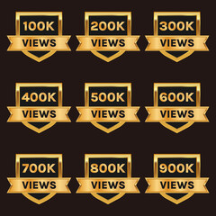 golden color 100k views to 900k views celebration badge set vector, 100k plus views sticker