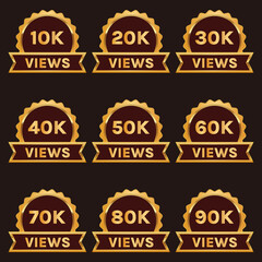 golden color 10k views to 90k views celebration badge set vector, 10k plus views sticker