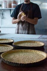 Preparing a macadamia pie with toffee. Kneading and baking of a cake. Pastry and pastry.