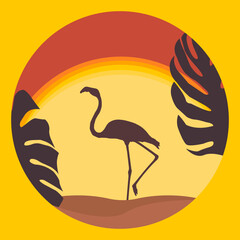 Flamingo silhouette at sunset with tropical leaves