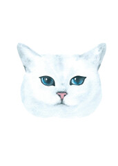 Watercolor hand-painted cat british breed illustration. Cute hipster, animal head, face portrait. Cat in costume classic top hat, kitten fashion print, cute baby cat isolated for baby shower card
