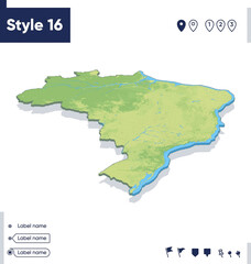 Brazil - map with shaded relief, land cover, rivers, mountains. Biome map with shadow.