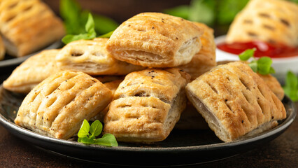 Mini beef patties with vegetables and red wine wrapped in puff pastry