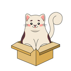Vector illustration of a cute black and white cat sitting in a cardboard box. A happy pet