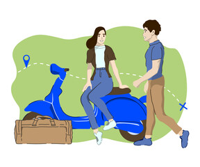 A couple goes to travel on the scooter, motorbike, bike. Scooter rent. Flat vector illustration.