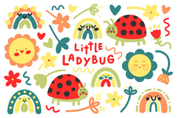 Cute summer botanical vector set with ladybugs. Bright kawaii doodles, flowers and dreamy rainbows in sunny forest colors for babies, prints, posters, patterns, textiles, gifts, cards, stickers, decor
