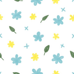 Bright minimalistic children's vector pattern in Scandinavian style. Spring print with flowers and leaves in watercolor style on a white background for textiles, fabric, decor, wrappers, postcards