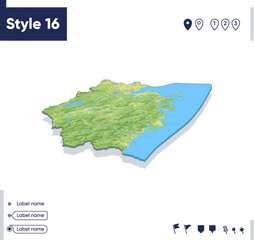 Zhejiang, China - map with shaded relief, land cover, rivers, mountains. Biome map with shadow.