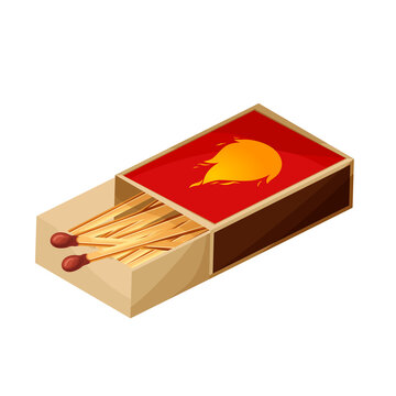 Match box with burnt sticks. Set of matchsticks. Cartoon spark bonfire vector illustration