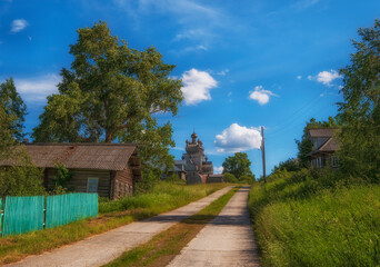 Arkhangelsk region, the village of Turchasovo near the Onega River. the old wooden Church of the Transfiguration of 1786 and the bell tower of 1793.