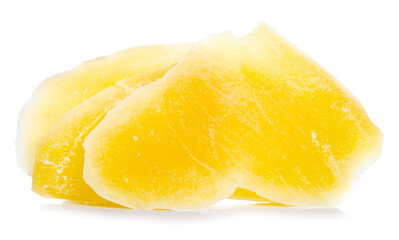 Dry mango in sugar on white background isolation