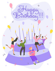 Happy birthday greeting card. Cartoon cake with candles for paper design.