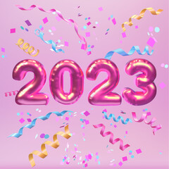 Happy new year 2023. Realistic pink foil balloons 3D.