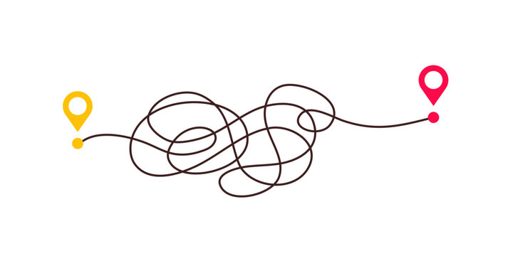 Difficult way, chaos path from point A to B. Complex chaos simplifying concept. Easy simple way. Vector illustration