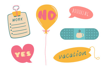 Set of Daily Planner Stickers, Patches Collection for To Do List. Weekly Badges with Quotes and Lettering. Isolated Vector for Online Communication, Web Design, Chat. Cute Cartoon Doodle Style.
