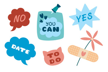 Set of Daily Planner Stickers, Patches Collection for To Do List. Weekly Badges with Quotes and Lettering. Isolated Vector for Online Communication, Web Design, Chat. Cute Cartoon Doodle Style.