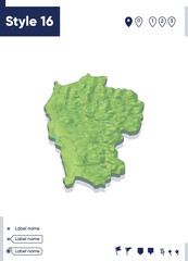 Mizoram, India - map with shaded relief, land cover, rivers, mountains. Biome map with shadow.