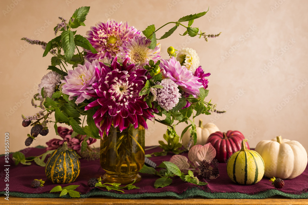 Canvas Prints festive table setting for thanksgiving day. autumnal decorations and beautiful garden flowers.