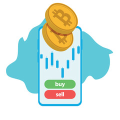 illustration in the form of a phone with the image of buy and sell buttons, the rate of cryptocurrency. Above the phone are two digital cryptocurrency bitcoin coins.