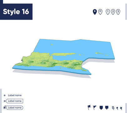 East Java, Indonesia - map with shaded relief, land cover, rivers, mountains. Biome map with shadow.