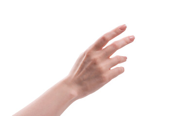 Woman hands with french manicure isolated on white bacckground.