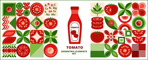 Bundle of design elements, logo with tomato in simple geometric style. Abstract shapes. Good for branding, decoration of food package, cover design, decorative print, background.